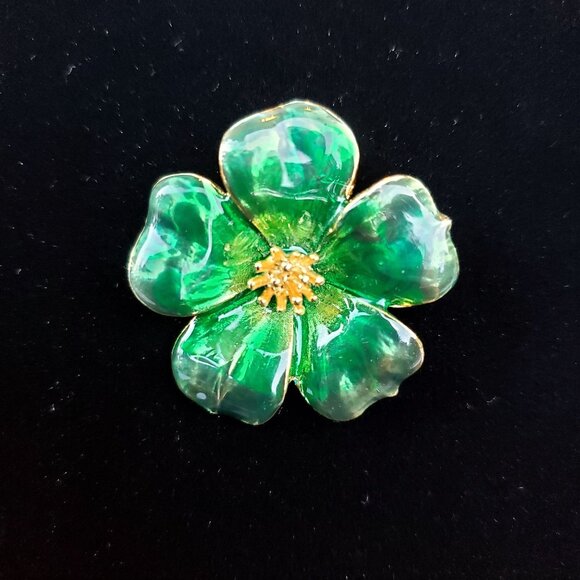 Vintage Enamel Five Leaf Clover Brooch Pin Green - Picture 2 of 10